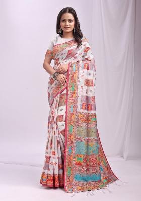 White Embroidered Cotton Saree Set
