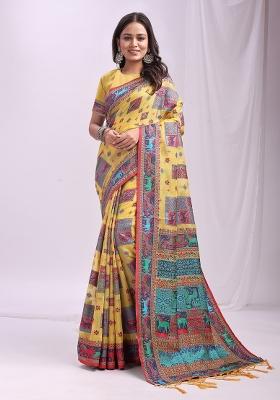 Yellow Embroidered Cotton Saree Set