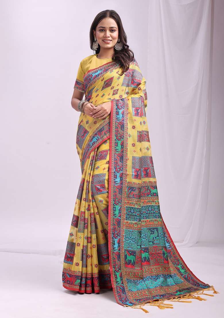 Yellow Embroidered Cotton Saree Set - Indya