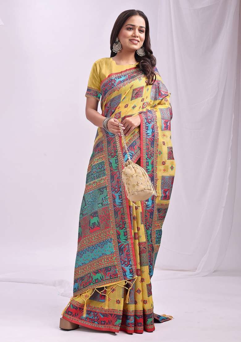 Yellow Embroidered Cotton Saree Set - Indya