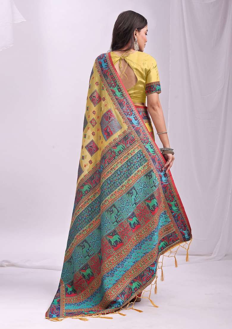 Yellow Embroidered Cotton Saree Set - Indya
