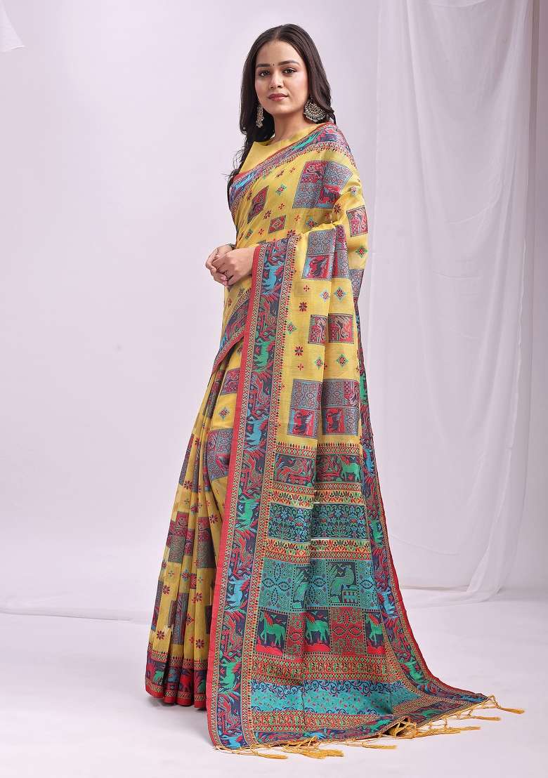 Yellow Embroidered Cotton Saree Set - Indya