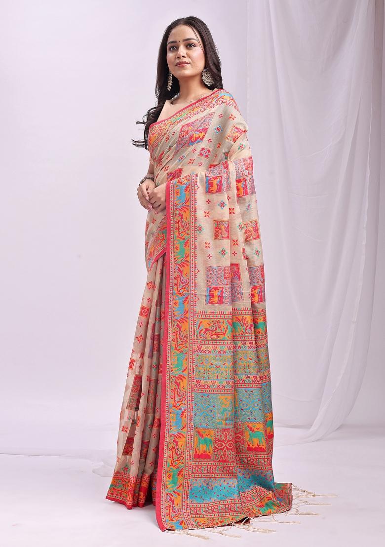 Beige Embroidered Cotton Saree Set - Indya