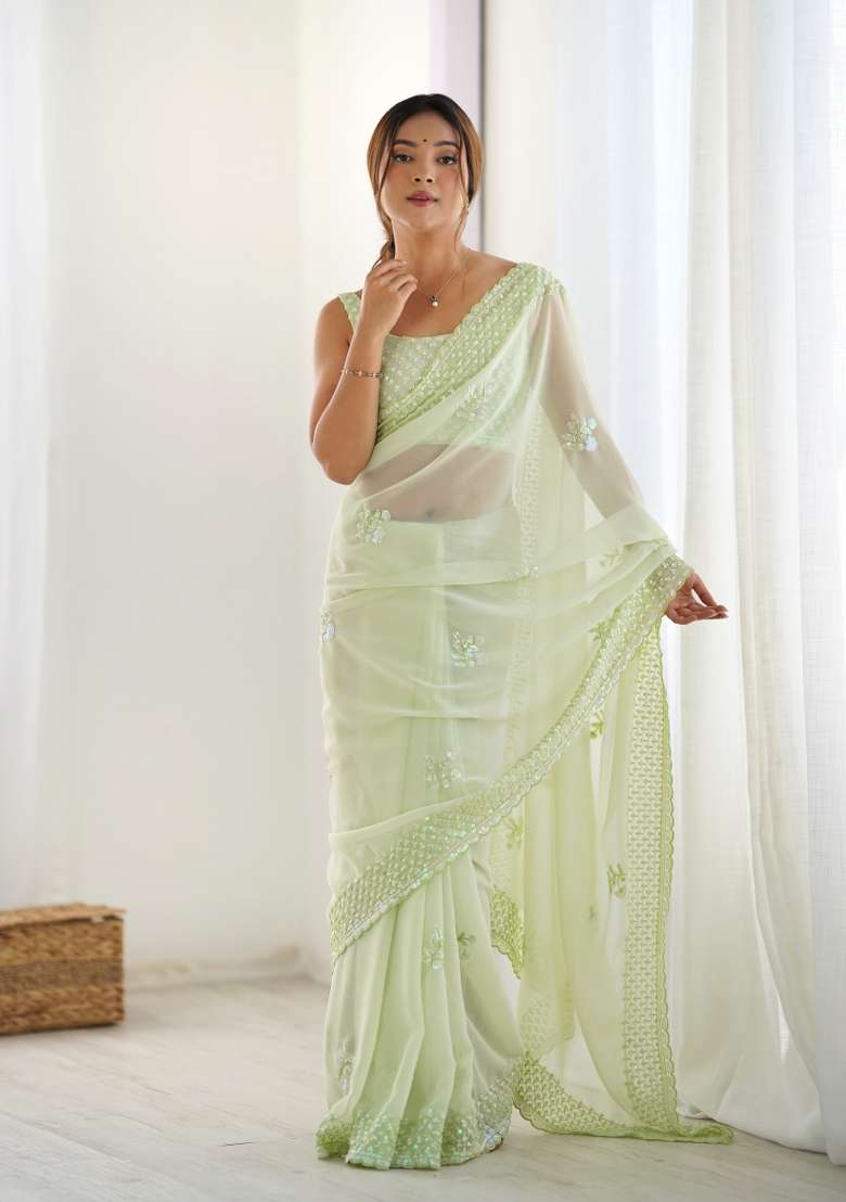 Green Embroidered faux georgette Saree Set - Indya