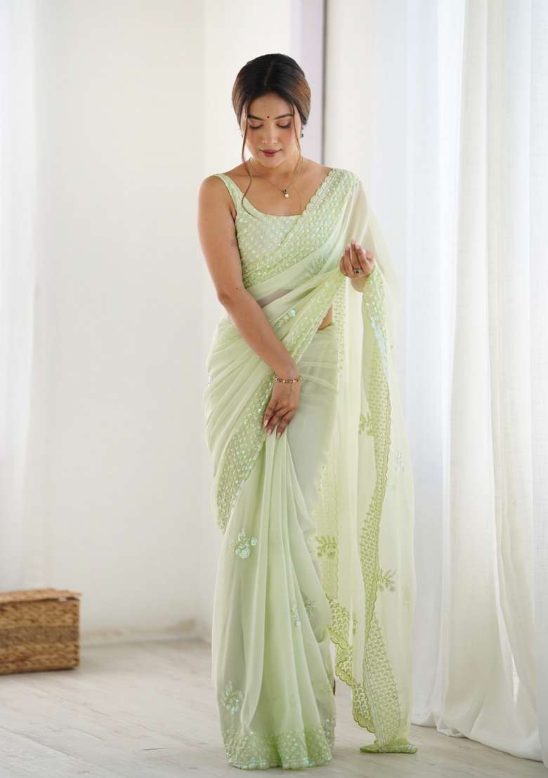 Green Embroidered faux georgette Saree Set - Indya