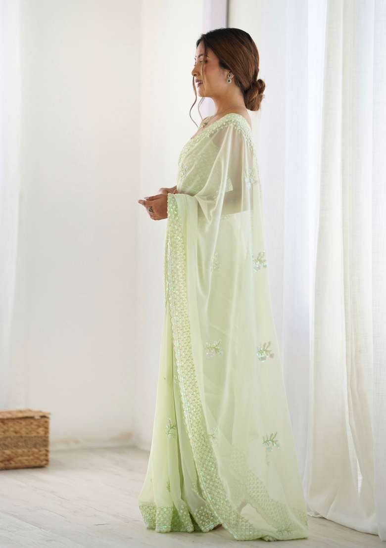 Green Embroidered faux georgette Saree Set - Indya