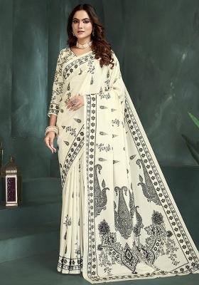 White Printed Silk Saree Set
