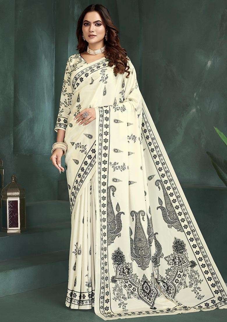 White Silk Saree Set with Printed for Diwali | Wedding & Festive Wear - Indya