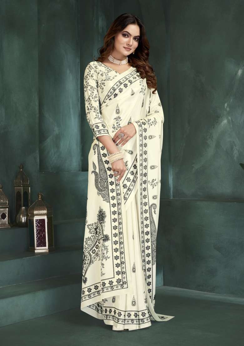 White Silk Saree Set with Printed for Diwali | Wedding & Festive Wear - Indya