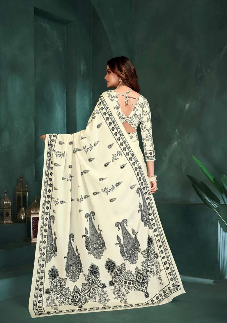 White Silk Saree Set with Printed for Diwali | Wedding & Festive Wear - Indya