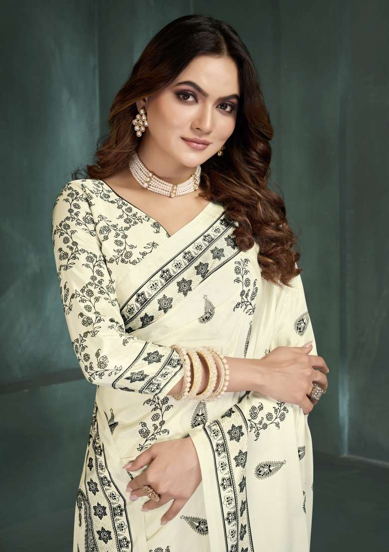 White Silk Saree Set with Printed for Diwali | Wedding & Festive Wear - Indya