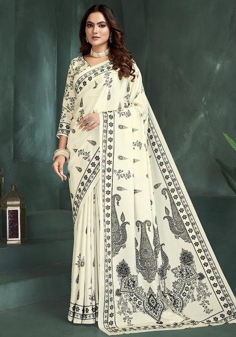 White Printed Silk Saree Set