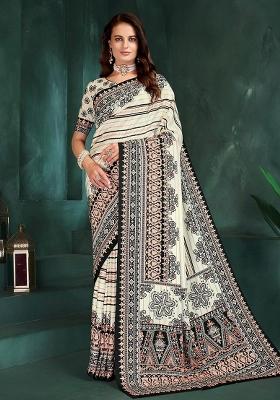 White Printed Silk Saree Set