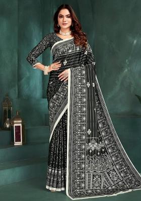 Black Printed Silk Saree Set