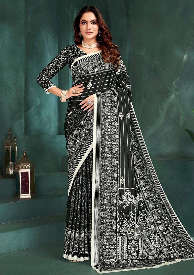 Black Silk Saree Set with Printed for Diwali | Wedding & Festive Wear - Indya