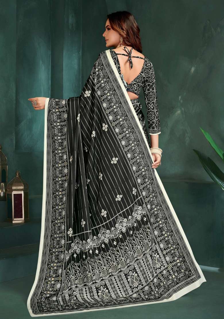 Black Silk Saree Set with Printed for Diwali | Wedding & Festive Wear - Indya