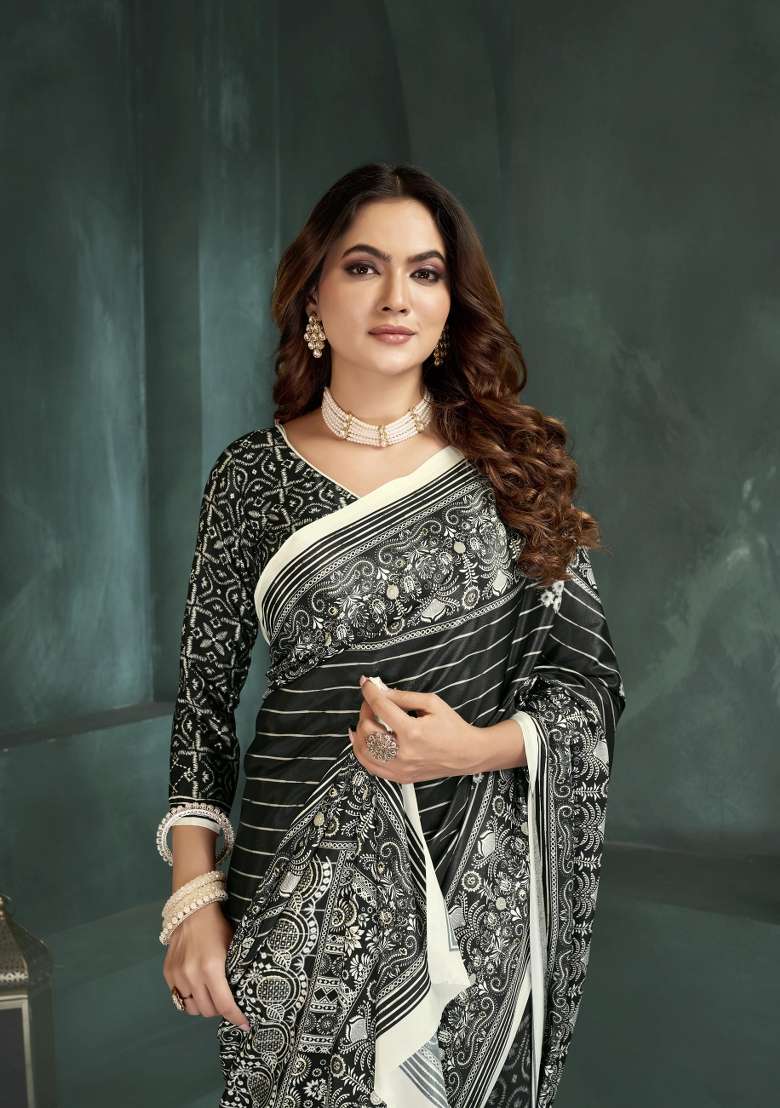 Black Silk Saree Set with Printed for Diwali | Wedding & Festive Wear - Indya