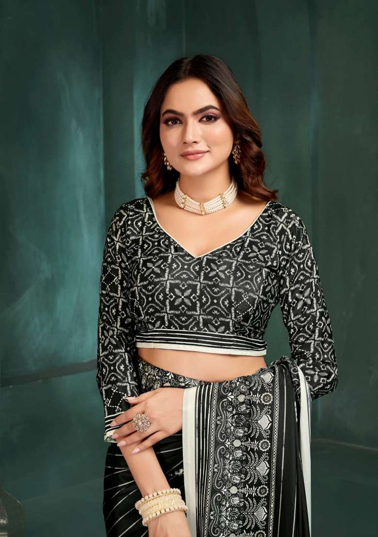 Black Silk Saree Set with Printed for Diwali | Wedding & Festive Wear - Indya