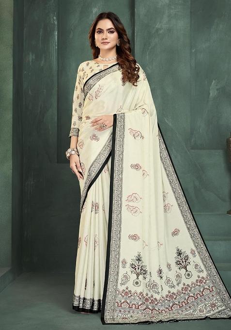 White Printed Silk Saree Set
