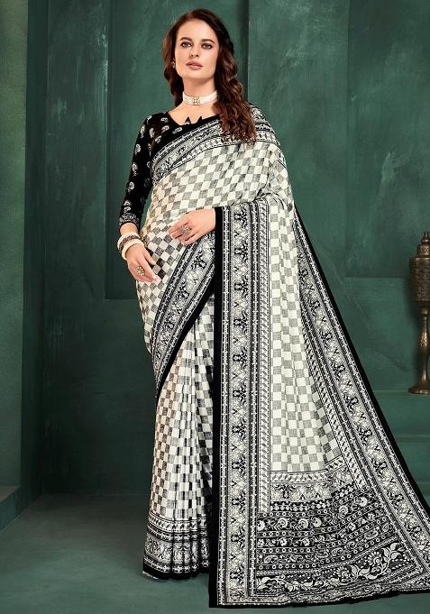 White Printed Silk Saree Set