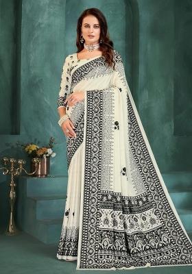 White Printed Silk Saree Set
