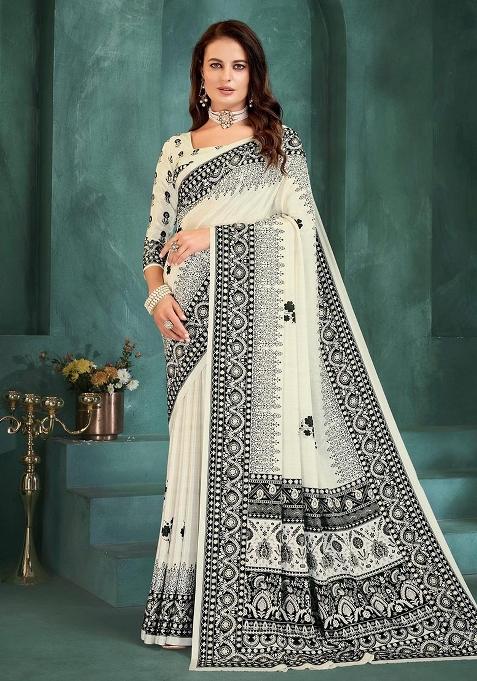 White Printed Silk Saree Set