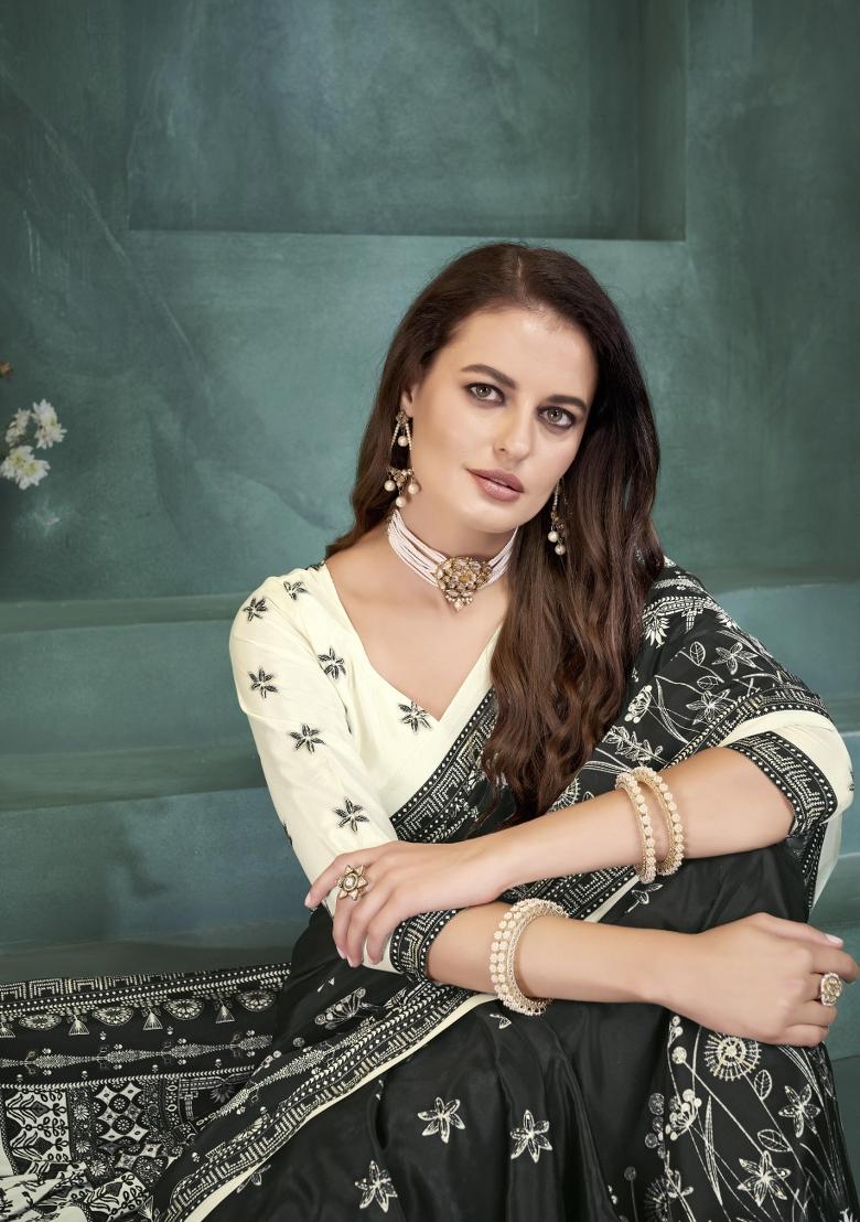 Black Printed Silk Saree Set - Indya