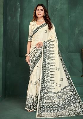 White Printed Silk Saree Set