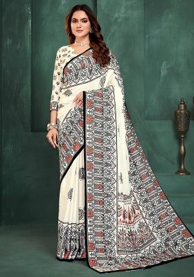 White Printed Silk Saree Set