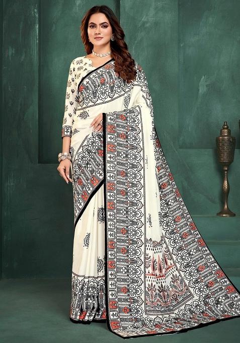 White Printed Silk Saree Set