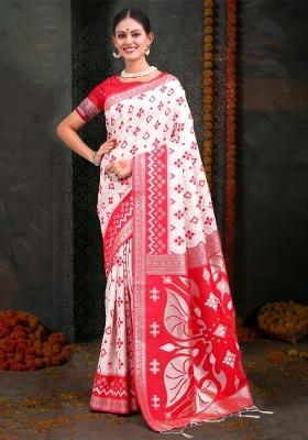 White Embroidered Cotton Saree Set