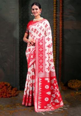 White Embroidered Cotton Saree Set