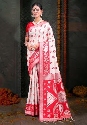 White Embroidered Cotton Saree Set