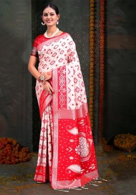White Embroidered Cotton Saree Set