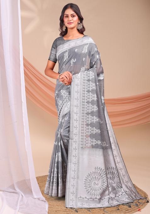 Grey Embroidered Cotton Saree Set