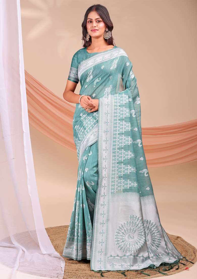 Green Embroidered Cotton Saree Set - Indya
