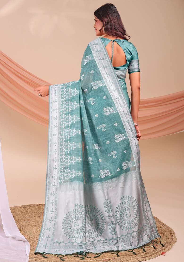 Green Embroidered Cotton Saree Set - Indya