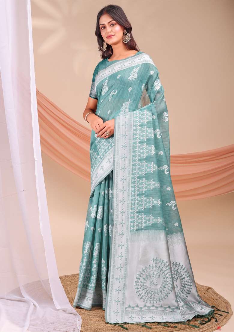 Green Embroidered Cotton Saree Set - Indya