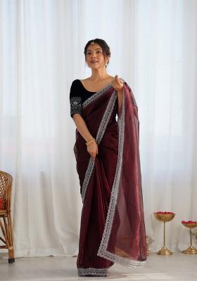 Brown Embroidered Net Saree Set