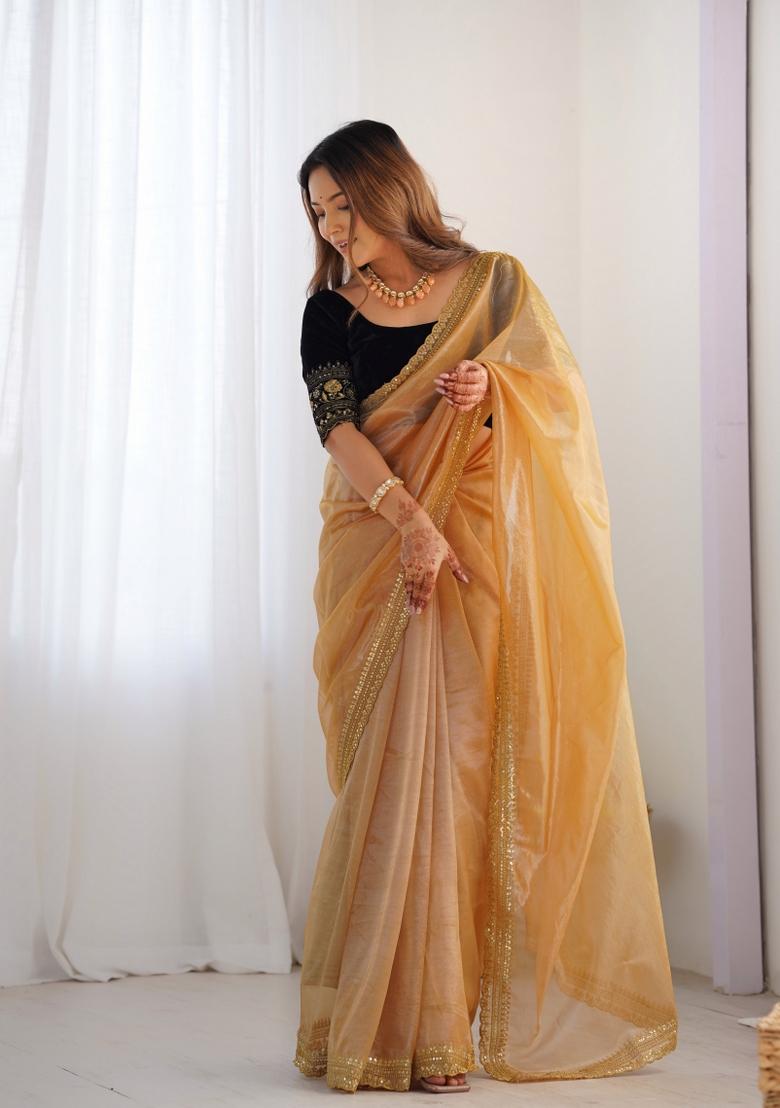 Gold Embroidered Net Saree Set