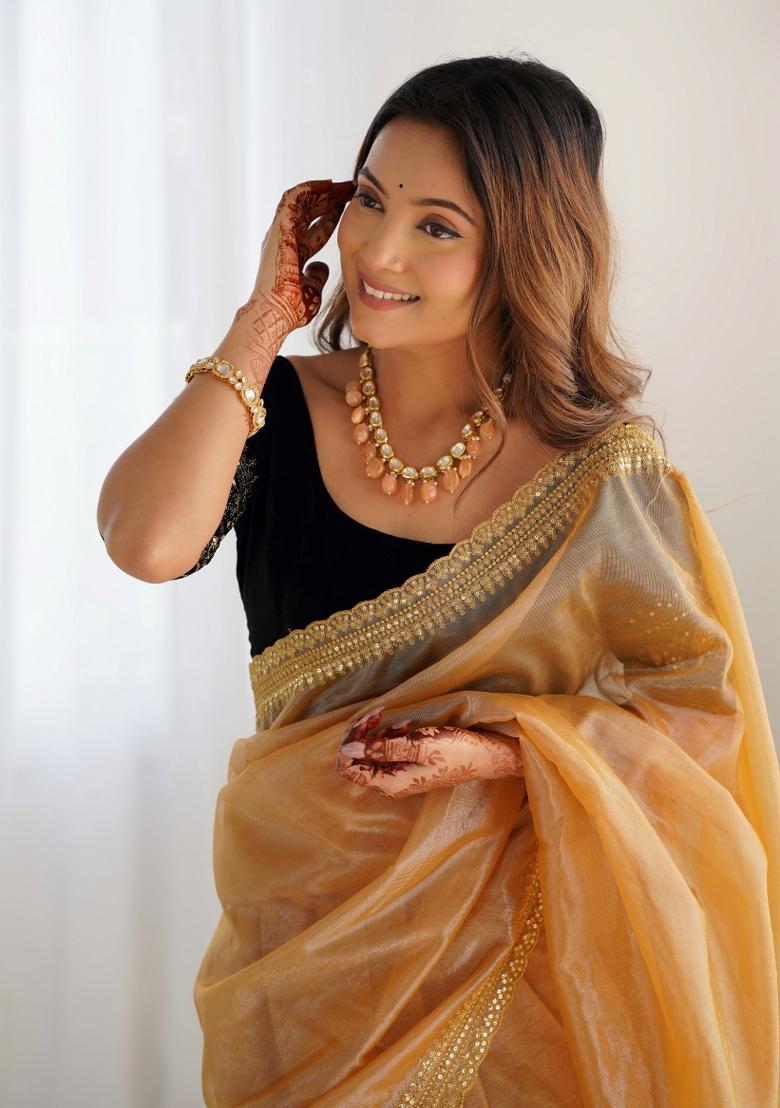 Gold Embroidered Net Saree Set