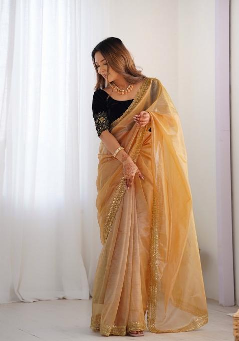 Gold Embroidered Net Saree Set