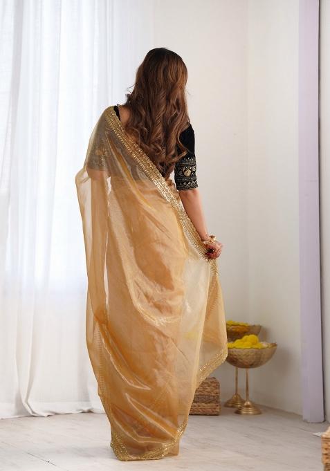 Gold Embroidered Net Saree Set