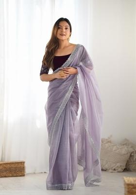 Purple Embroidered Net Saree Set