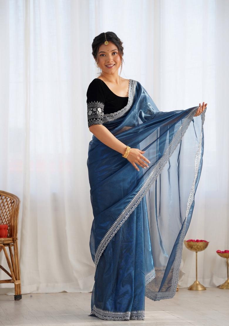 Blue Embroidered Net Saree Set