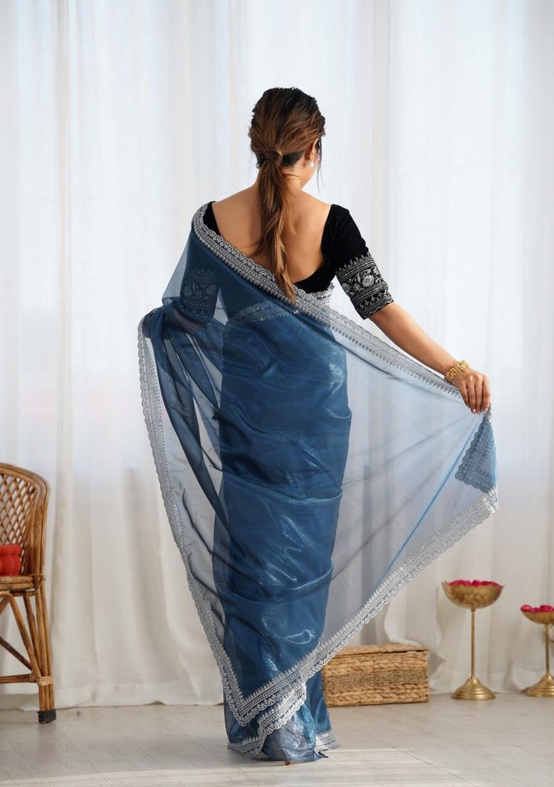 Blue Embroidered Net Saree Set