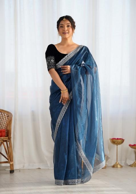 Blue Embroidered Net Saree Set