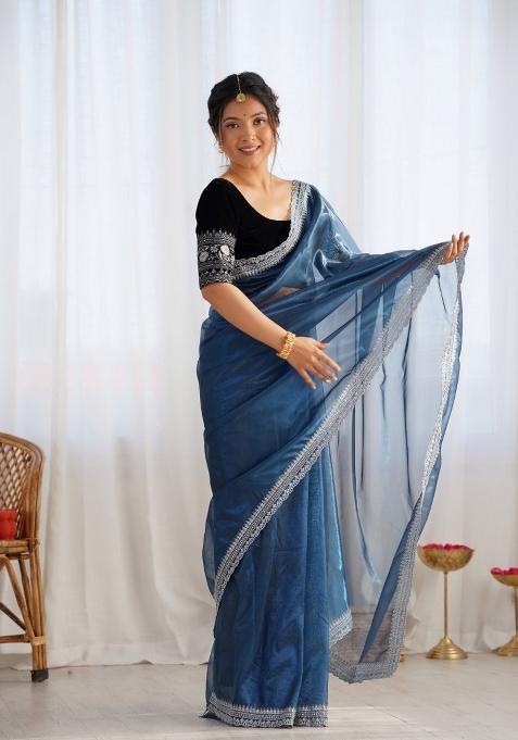 Blue Embroidered Net Saree Set