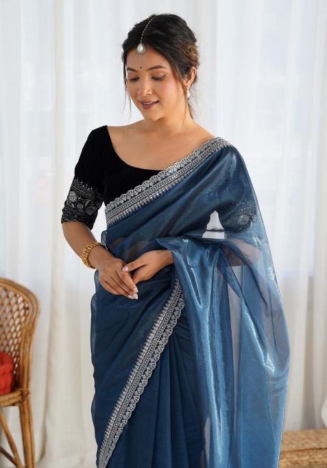 Blue Embroidered Net Saree Set