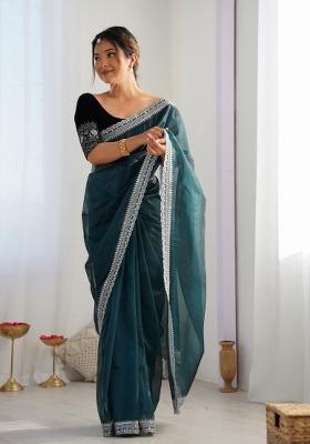 Green Embroidered Net Saree Set